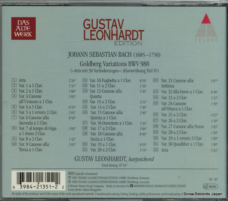 LEONHARDT, GUSTAV bach; goldberg variations 3984-21351-2