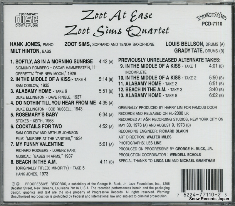 ZOOT SIMS QUARTET  zoot at ease PCD-7110