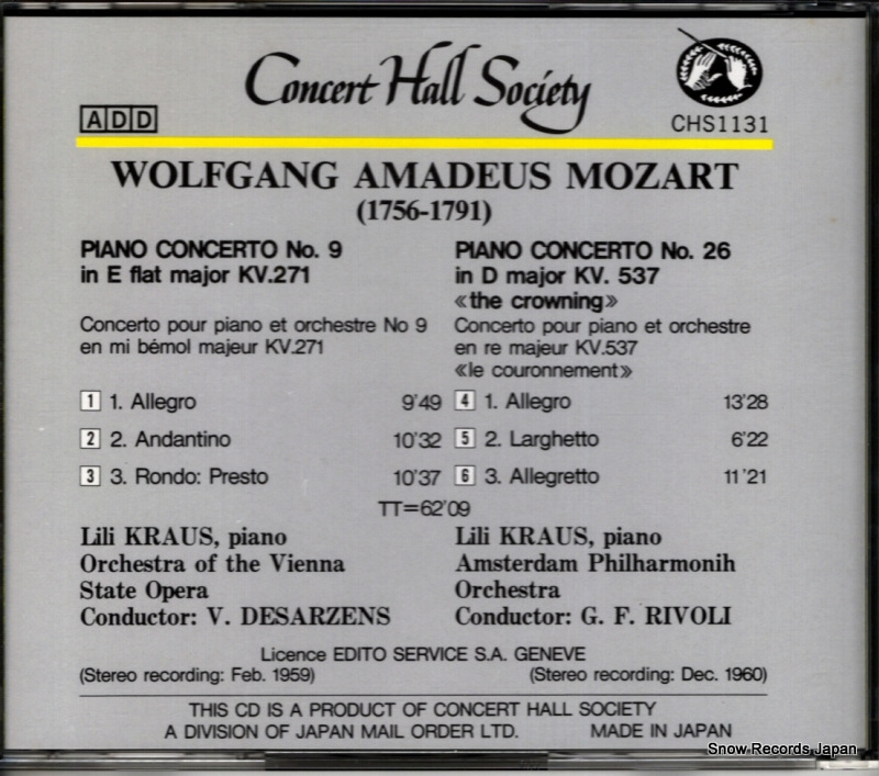 KRAUS, LILI mozart; piano concerto no.9 & no.26 C.H.S.CD1131 / CHS1131