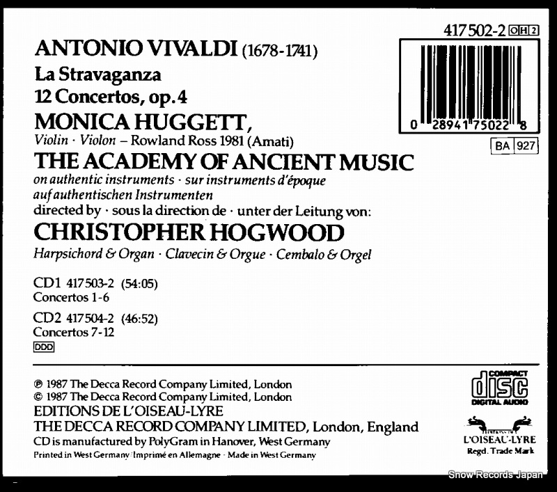 HOGWOOD, CHIRISTOPHER vivaldi; la stravaganza 12 concertos, op.4 417502-2 / F66L-50444
