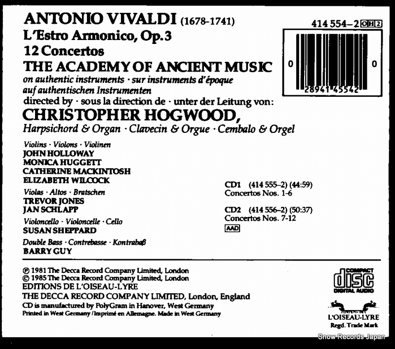 HOGWOOD, CHIRISTOPHER vivaldi; l'estro armonico, op.3 414554-2 / F66L-50151