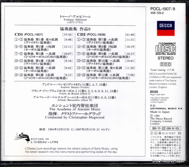 HOGWOOD, CHIRISTOPHER albinoni; 12 concertos, op.9 POCL-1907