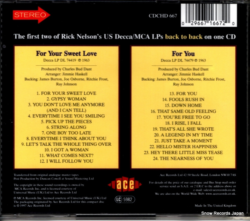 NELSON, RICK for your sweet love & sings for you CDCHD667