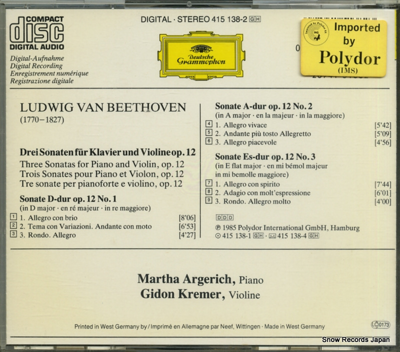 ARGERICH, MARTHA beethoven; violinsonaten nos.1-3 415138-2