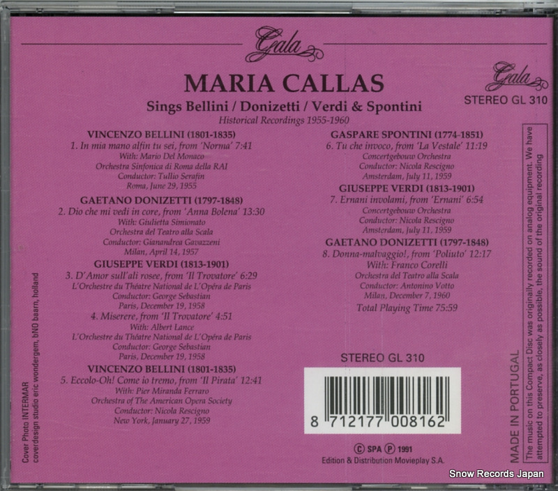 CALLAS, MARIA sings bellini donizetti verdi and spontini GL310