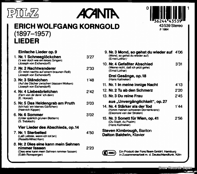 BALDWIN, DALTON korngold; lieder 43539