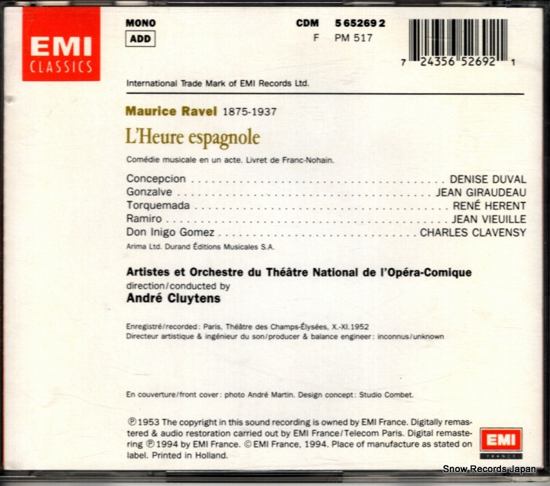 CLUYTENS, ANDRE ravel; l'heure espagnole 724356526921 / 5652692