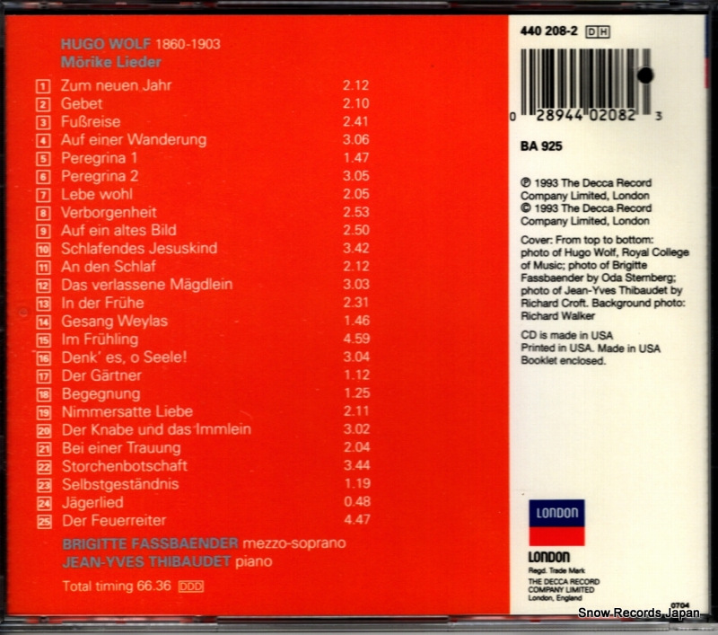 FASSBAENDER, BRIGITTE / JEAN-YVES THIBAUDET wolf; morike lieder 440208-2