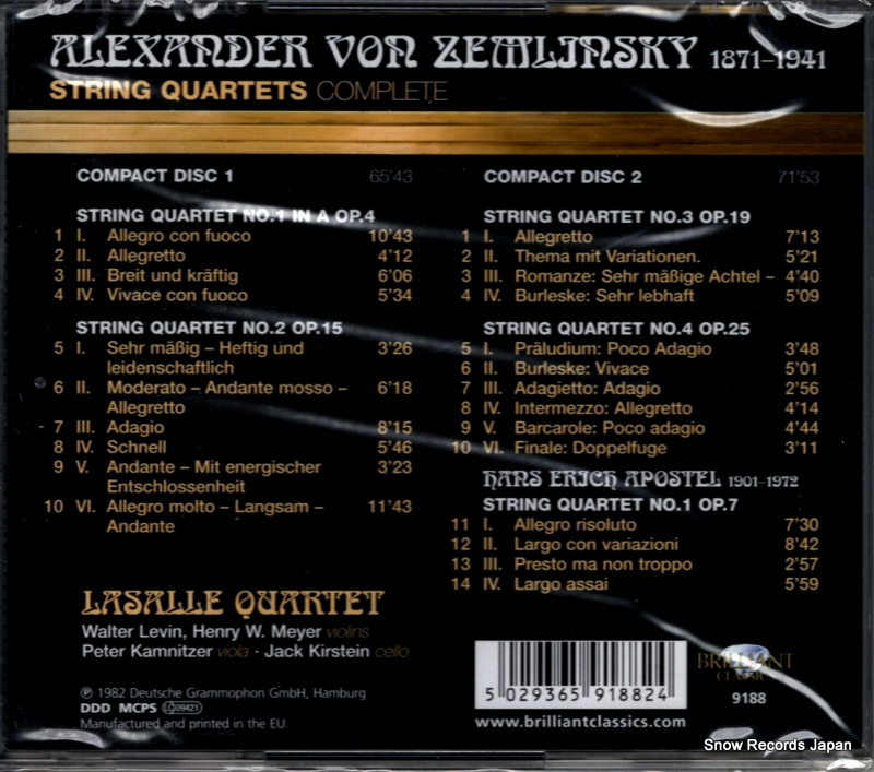 LASALLE-QUARTETT zemlinsky; string quartets 9188