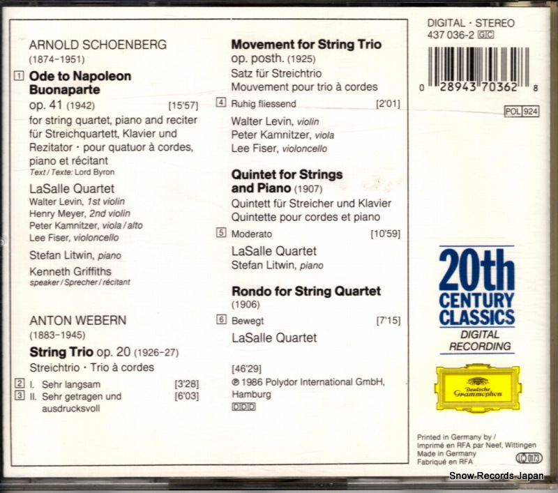 LASALLE-QUARTETT webern; string trio - quartet rondo - piano quintet 437036-2