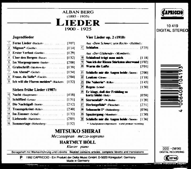 SHIRAI, MITSUKO / HARTMUT HOLL berg; lieder 10419