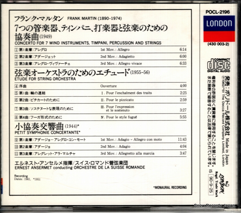 ANSERMET, ERNEST martin; concerto for 7 wind instruments, timpani, percussion and strings POCL-2196