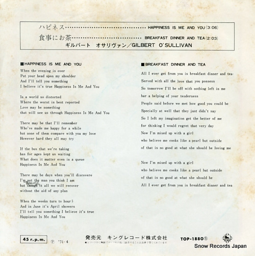 O'SULLIVAN, GILBERT happiness is me and you TOP-1880