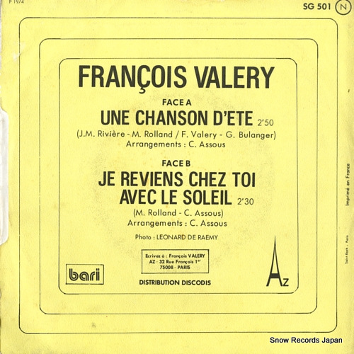 VALERY, FRANCOIS une chanson d'ete SG501 - back cover