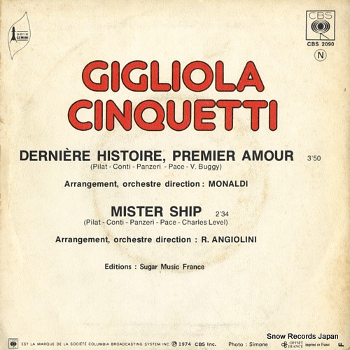 CINQUETTI, GIGLIOLA derniere histoire, premier amour / mister ship CBS2090