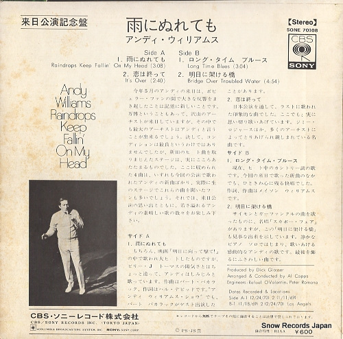 WILLIAMS, ANDY raindrops keep fallin' on my head SONE70108