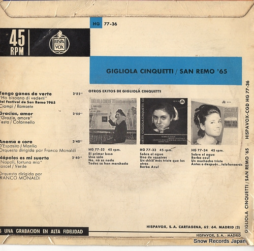 CINQUETTI, GIGLIOLA san remo '65 HG77-36