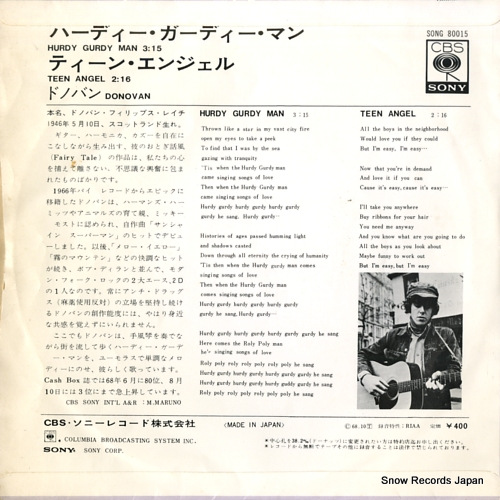 DONOVAN hurdy gurdy man SONG80015