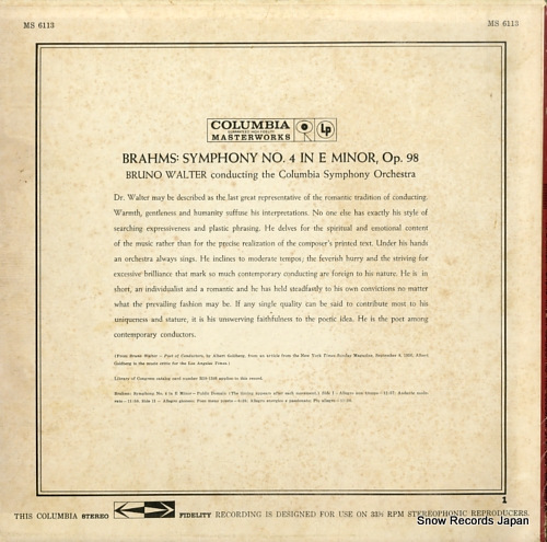 WALTER, BRUNO brahms; symphony no.4 MS6113