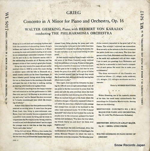 KARAJAN, VON HERBERT grieg; concerto in a minor for piano and orchestra op.16 WL5017
