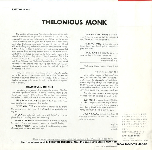 MONK, THELONIOUS the thelonious monk trio PJ-5/PJ-5-7027