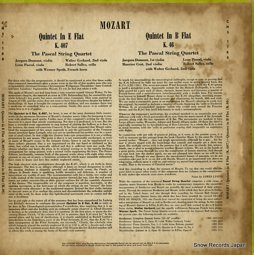 PASCAL STRING QUARTET, THE mozart; quintet in e flat, in b flat CHS1188