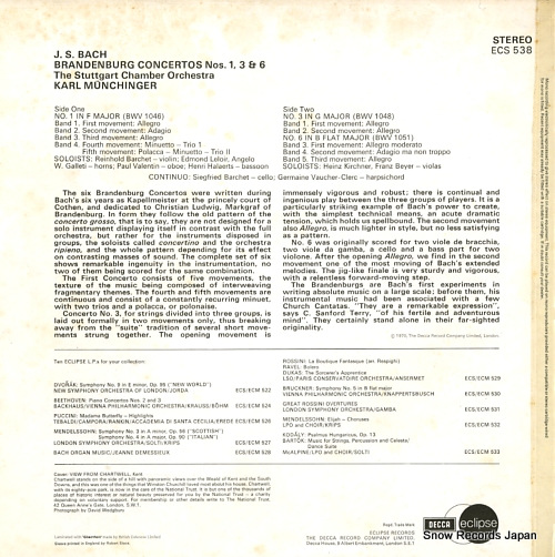 MUNCHINGER, KARL bach; brandenburg concertos nos.1, 3 & 6 ECS538 - back cover