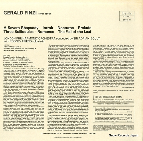 BOULT, ADRIAN finzi; a severn rhapsody, introit, new year music SRCS.84