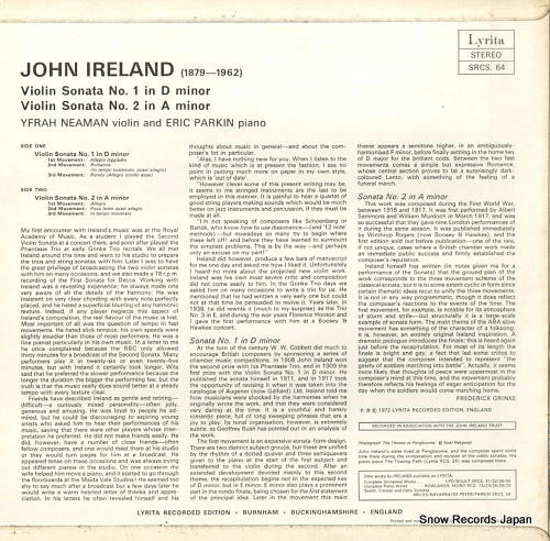 NEAMAN, YFRAH john ireland; violin sonatas no.1 & 2 SRCS.64