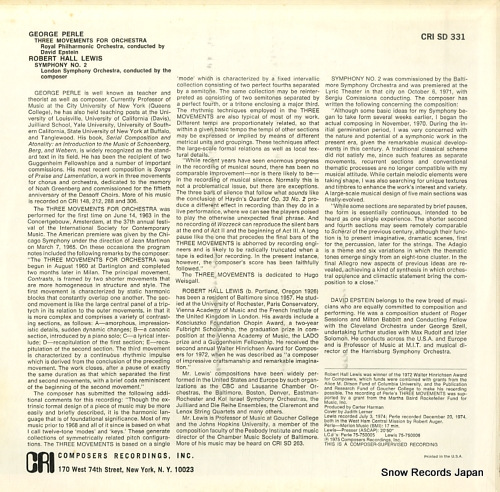 HALL LEWIS, ROBERT / DAVID EPSTEIN lewis; symphony no.2 / perle; 3 movements for orchestra CRISD331 - back cover