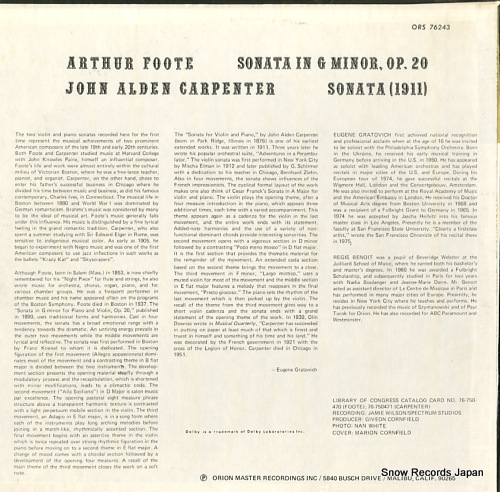 GRATOVICH, EUGENE, AND, REGIS BENOIT arthur foote; sonata in g minor ORS76243 - back cover