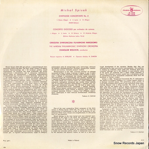 WISLOCKI, STANISLAW michal spisak; concerto giocoso symphonie concertante no.2 SXL0726 - back cover