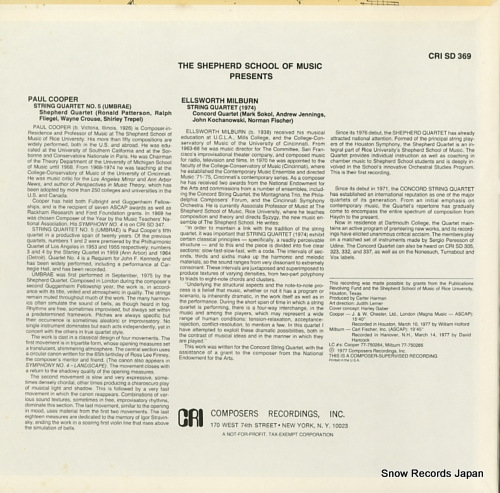 SHEPHERD QUARTET cooper; string quartet no.5(umbrae) CRISD369 - back cover