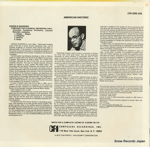 BERNSTEIN, LEONARD shapero; symphony for classical orchestra CRISRD424