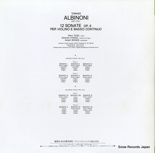 TOSO, PIERO albinoni; dodici sonata op.6 per violino e basso continuo REL-3212-13