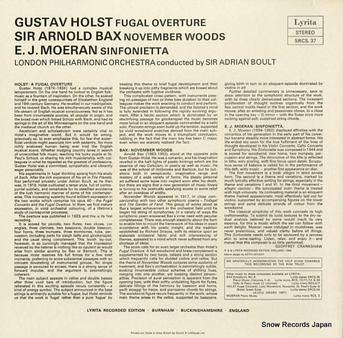 BOULT, ADRIAN holst; a fugal overture SRCS.37