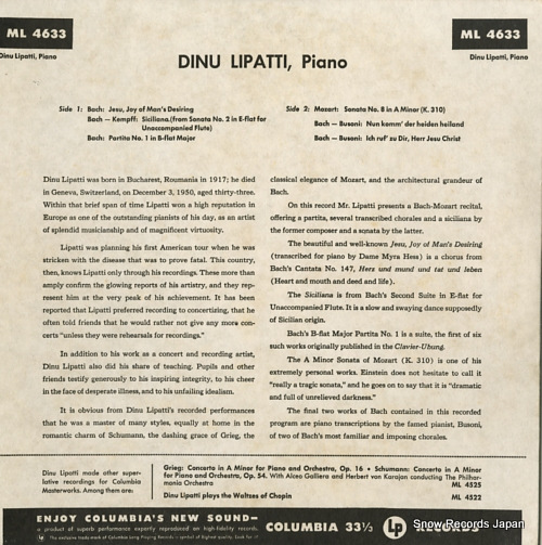 LIPATTI, DINU bach; jesu joy of man's desiring ML4633