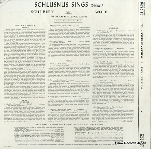 SCHLUSNUS, HEINRICH schlusnus sings volume 1 DL9620 - back cover