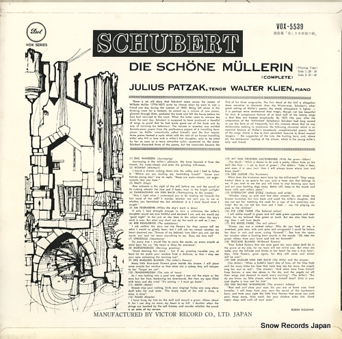 PATZAK, JULIUS schubert; die schone mullerin(complete) VOX-5539 - back cover