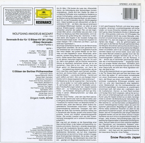 BOHM, KARL mozart; serenade b-dur fur 13 blaser kv361 419335-1 - back cover