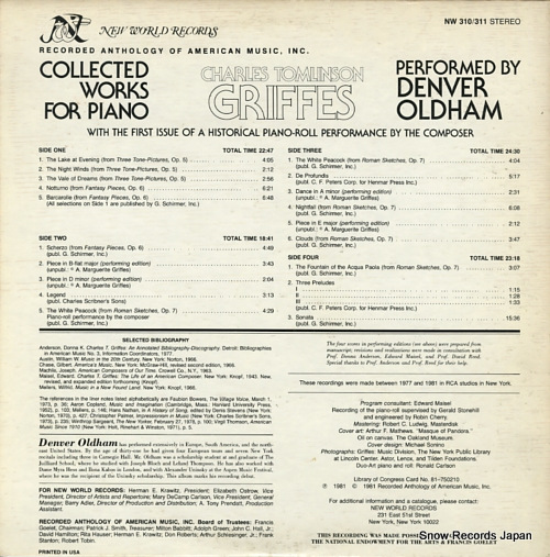 OLDHAM, DENVER the collected piano works of charles tomlinson griffes NW310/311