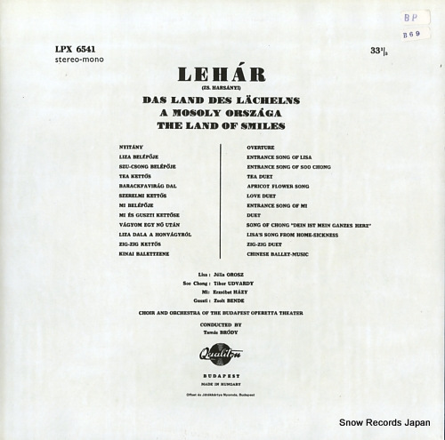 V/A lehar; das land des lacheins / mosoly orszaga / the land of smiles LPX6541 - back cover