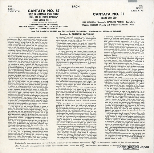 쥸ʥɡå bach; cantata no.11 and no.67 / from cantata no.147 LONDON5092