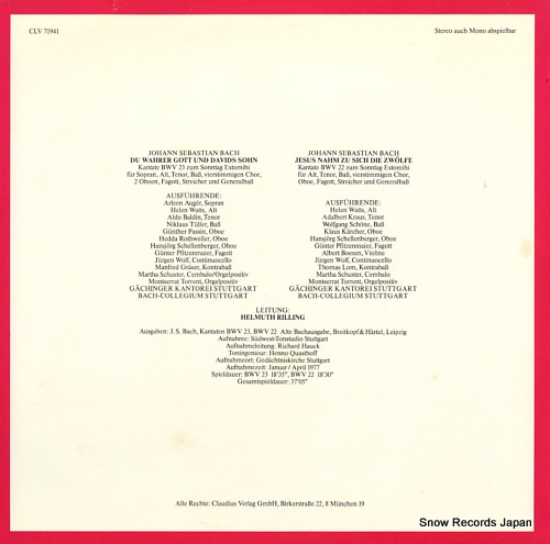 RILLING, HELMUTH die bach kantate / bwv23 du wahrer gott und davids sohn CLV71941 - back cover