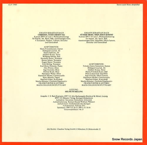 RILLING, HELMUTH die bach kantate / bwv63 christen, atzet diesen tag CLV71905 - back cover