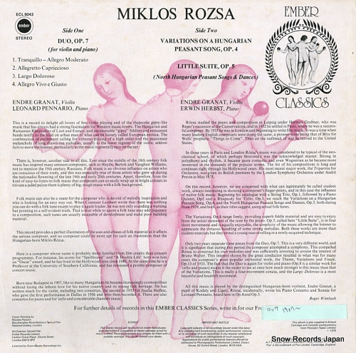 ROZSA, MIKLOS rozsa; duo, op.7 ECL9043 - back cover