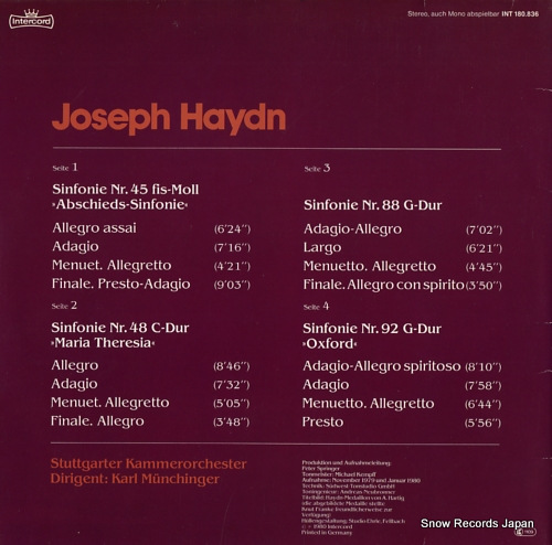 MUNCHINGER, KARL haydn; sinfonien nr.45, nr.48, nr.88, nr.92 INT180.836 - back cover