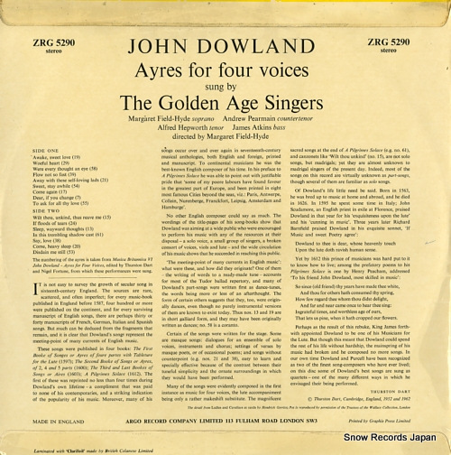 GOLDEN AGE SINGERS, THE dowland; ayres for four voices ZRG5290