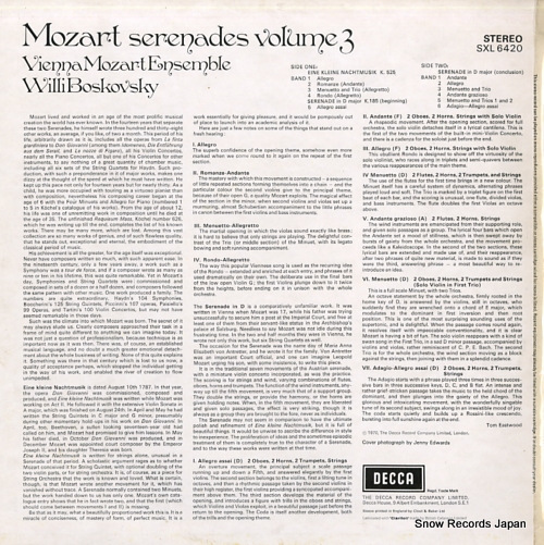BOSKOVSKY, WILLI / VIENNA MOZART ENSEMBLE mozart serenades volume 3 SXL6420