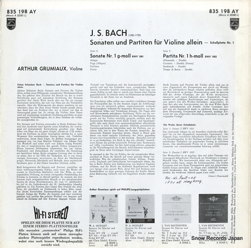GRUMIAUX, ARTHUR bach; sonaten und partiten fur violine allein sonata 1 and partita 1 835198AY